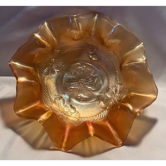 Vintage Duncan Apple Blossom Marigold Carnival Ruffled Glass Bowl 7” - Picture 1 of 4
